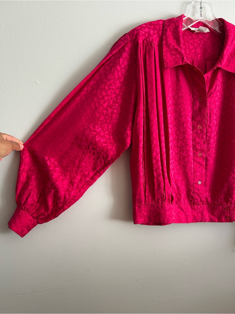 Vintage 100% Silk Fuchsia Balloon Sleeves Blouse Jacquard Print Size 14/Large